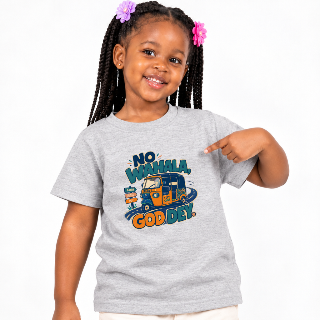 No Wahala, God Dey Christian kids shirt in light grey featuring a colourful Nigerian truck illustration and Pidgin faith message
