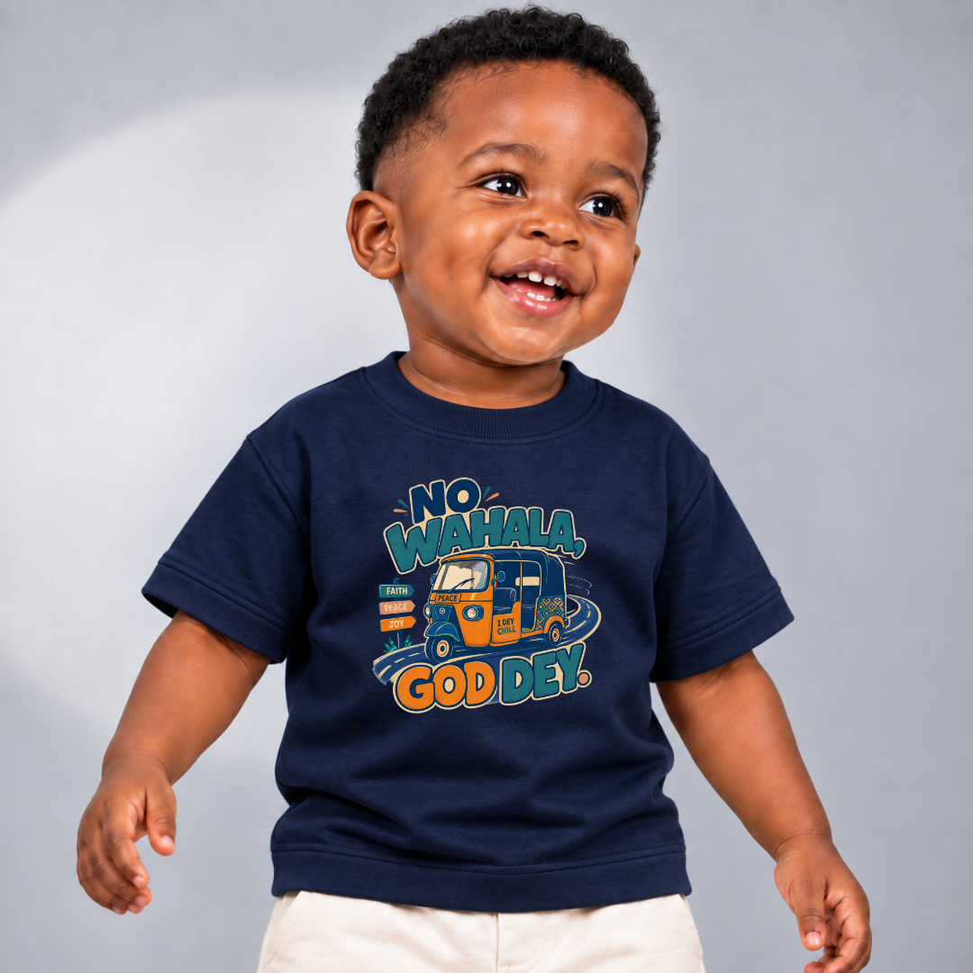 No Wahala, God Dey Christian kids shirt in navy blue featuring a colourful Nigerian truck illustration and Pidgin faith message
