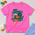 No Wahala, God Dey Christian kids shirt in pink featuring a colourful Nigerian truck illustration and Pidgin faith message
