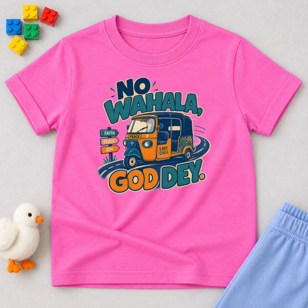 No Wahala, God Dey Christian kids shirt in pink featuring a colourful Nigerian truck illustration and Pidgin faith message
