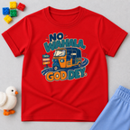 No Wahala, God Dey Christian kids shirt in red featuring a colourful Nigerian truck illustration and Pidgin faith message
