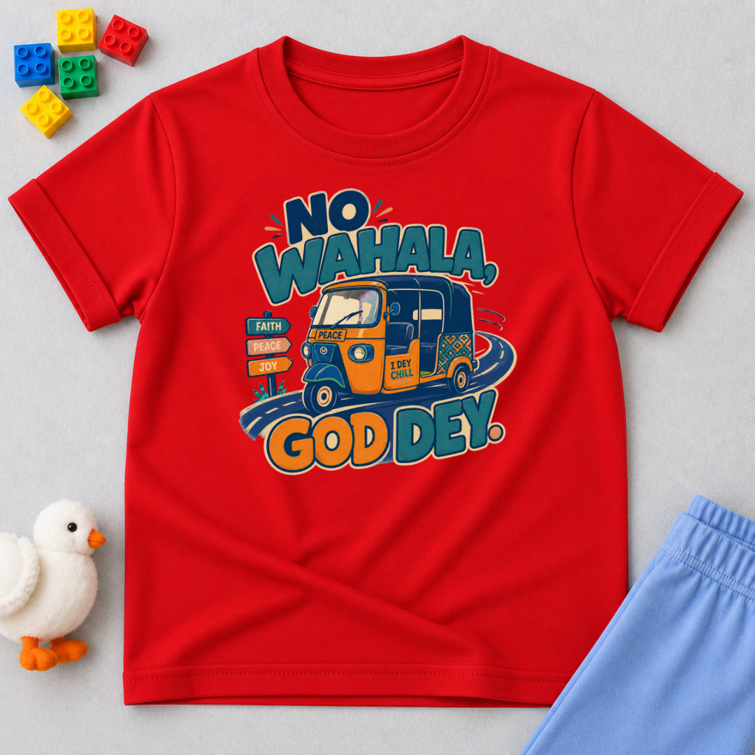 No Wahala, God Dey Christian kids shirt in red featuring a colourful Nigerian truck illustration and Pidgin faith message

