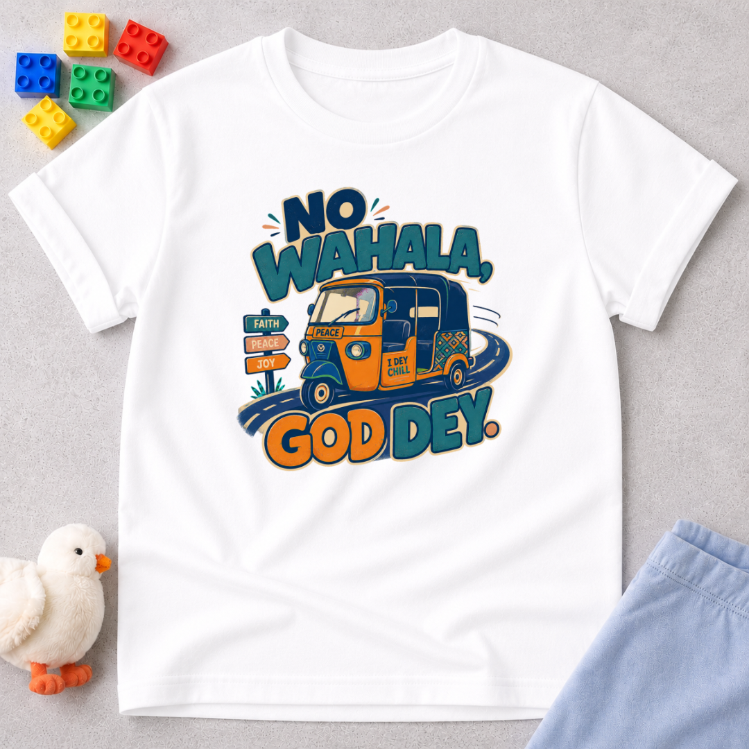 No Wahala, God Dey Christian kids shirt in white featuring a colourful Nigerian truck illustration and Pidgin faith message
