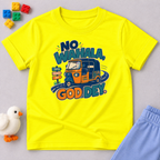 No Wahala, God Dey Christian kids shirt in yellow featuring a colourful Nigerian truck illustration and Pidgin faith message
