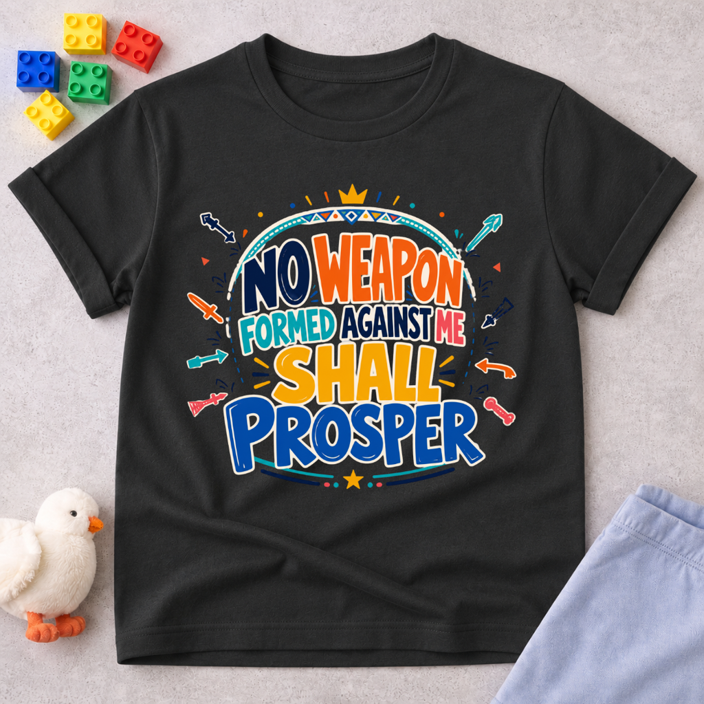 No Weapon Shall Prosper Christian kids shirt in black featuring bold typography and a faith-inspired message
