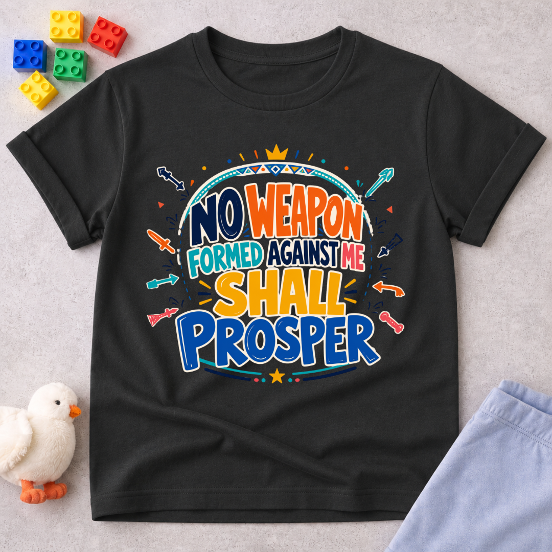 No Weapon Shall Prosper Christian kids shirt in black featuring bold typography and a faith-inspired message
