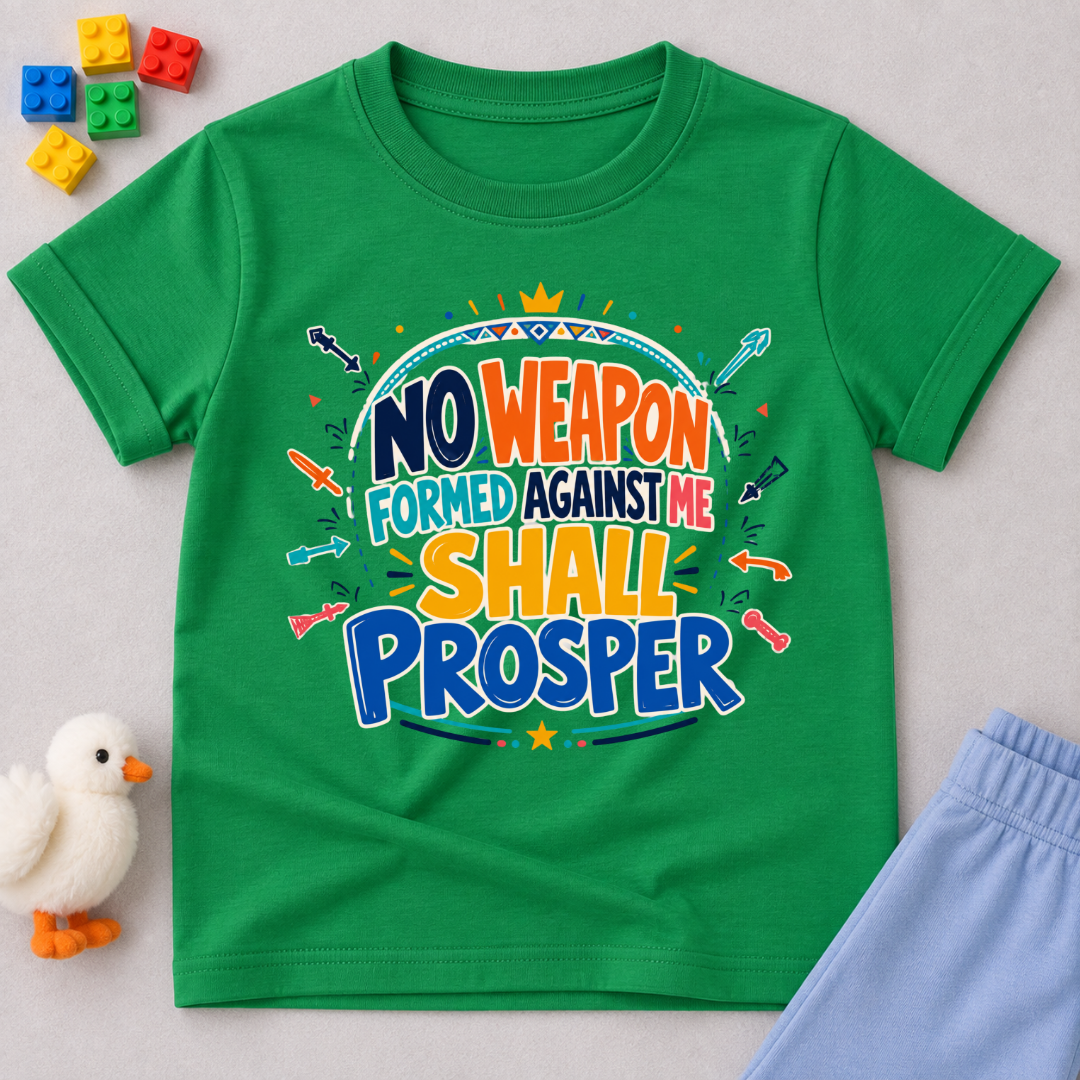 No Weapon Shall Prosper Christian kids shirt in green featuring bold typography and a faith-inspired message
