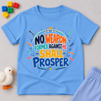 No Weapon Shall Prosper Christian kids shirt in light blue featuring bold typography and a faith-inspired message
