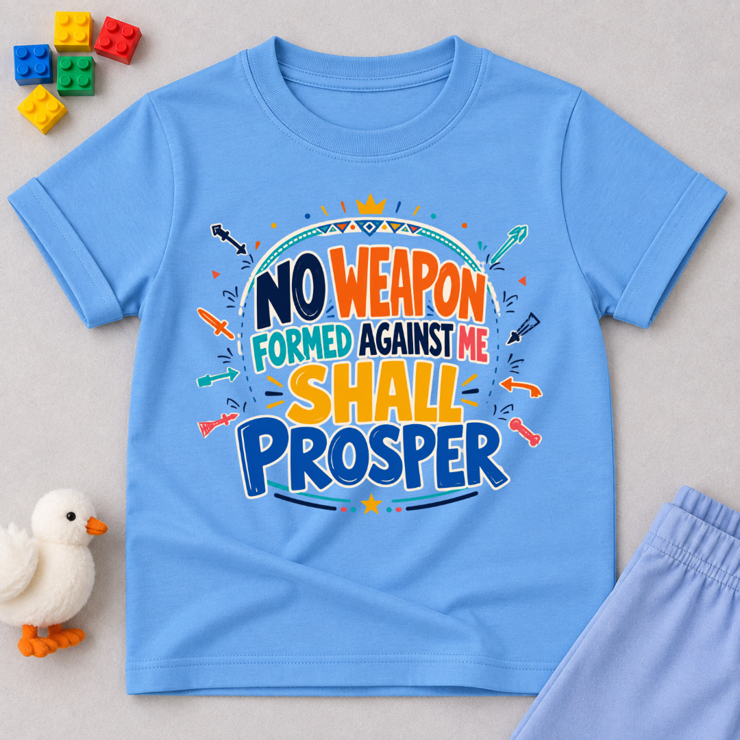 No Weapon Shall Prosper Christian kids shirt in light blue featuring bold typography and a faith-inspired message

