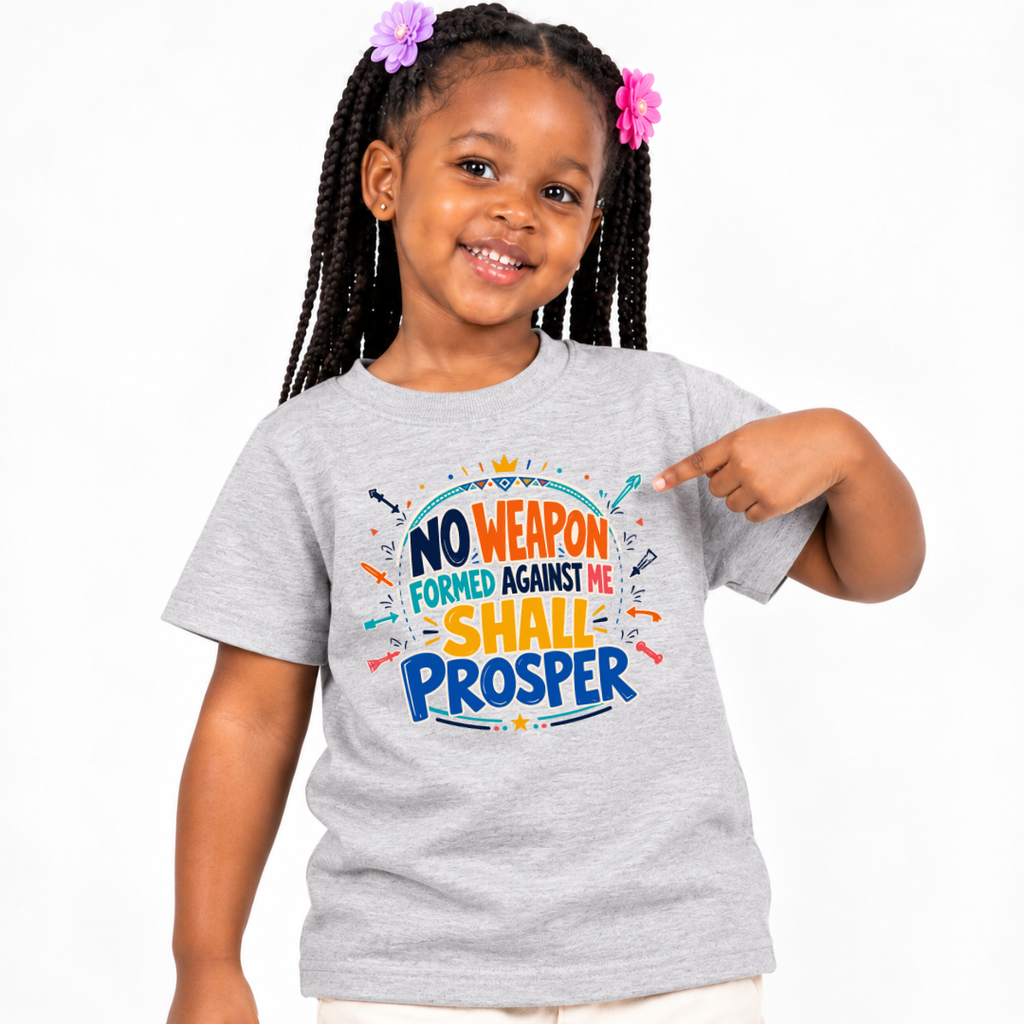 No Weapon Shall Prosper Christian kids shirt in light grey featuring bold typography and a faith-inspired message
