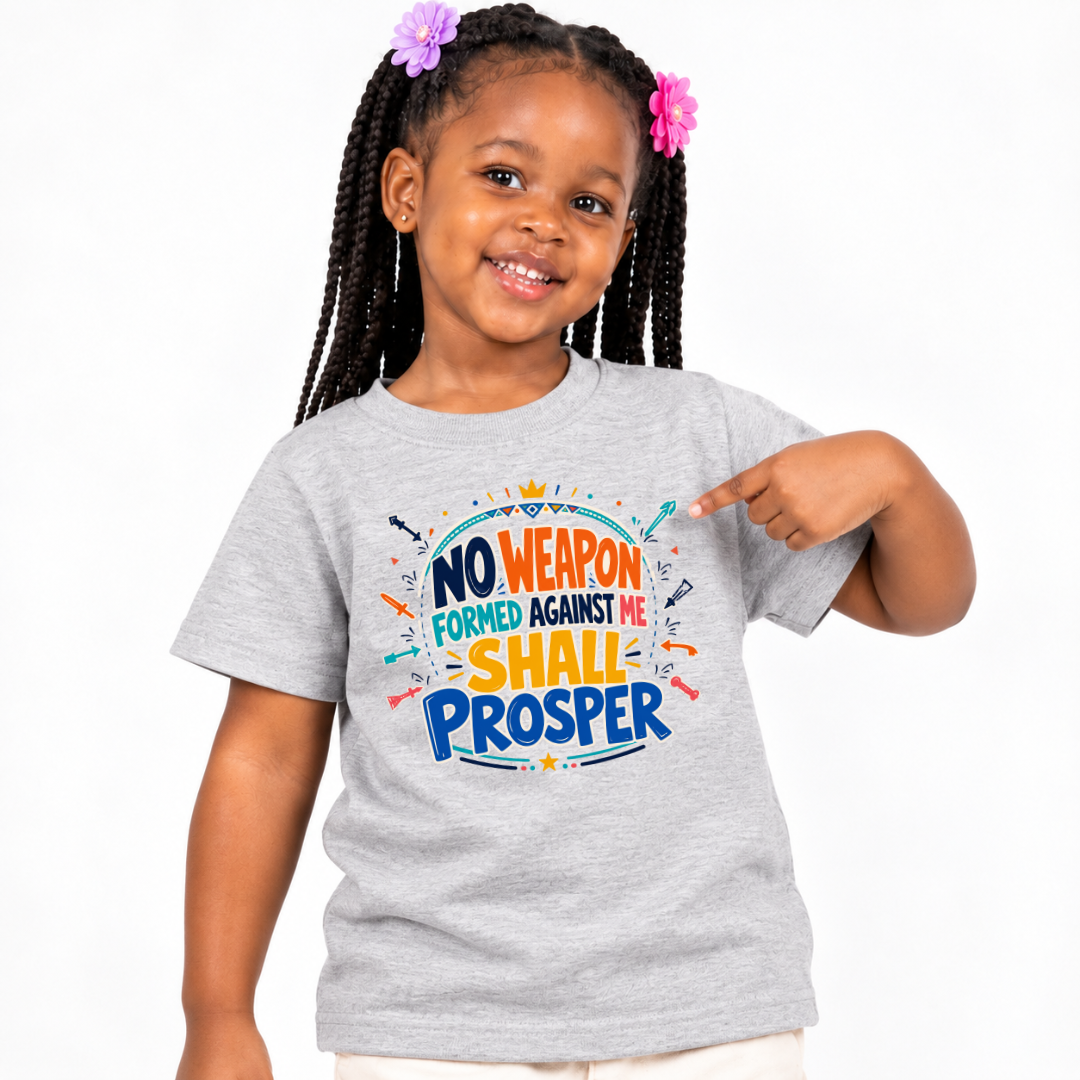 No Weapon Shall Prosper Christian kids shirt in light grey featuring bold typography and a faith-inspired message
