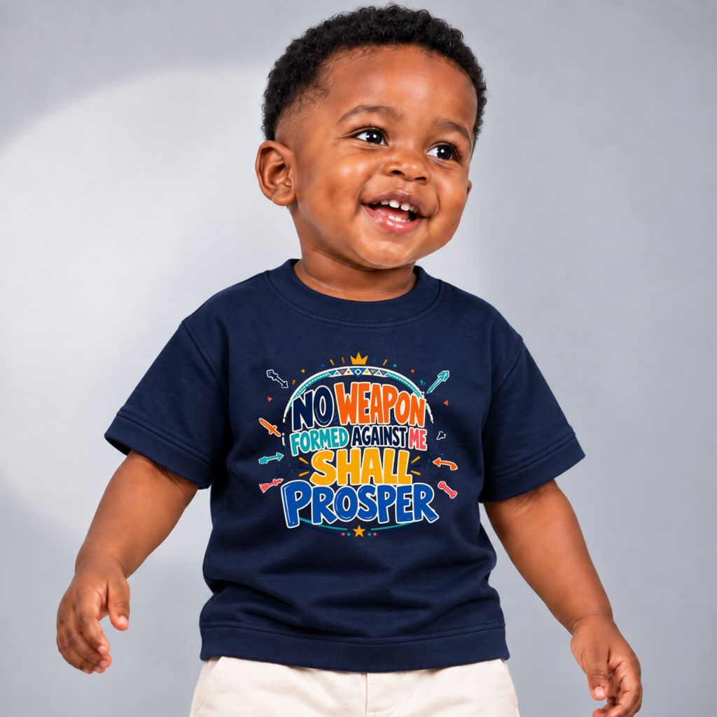 No Weapon Shall Prosper Christian kids shirt in navy blue featuring bold typography and a faith-inspired message
