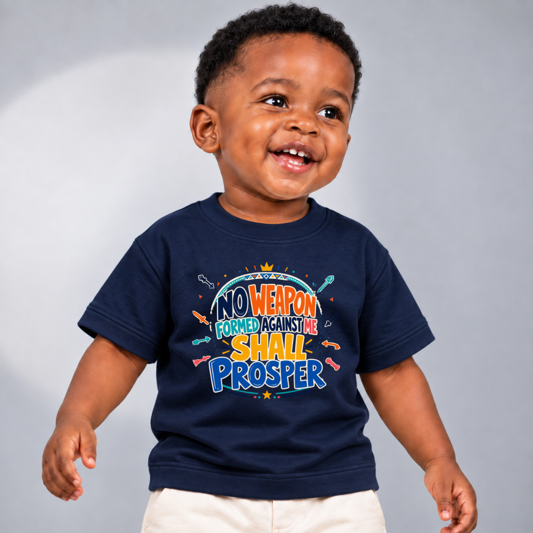 No Weapon Shall Prosper Christian kids shirt in navy blue featuring bold typography and a faith-inspired message
