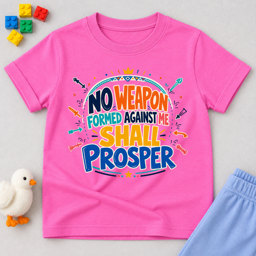 No Weapon Shall Prosper Christian kids shirt in pink featuring bold typography and a faith-inspired message
