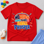 No Weapon Shall Prosper Christian kids shirt in red featuring bold typography and a faith-inspired message
