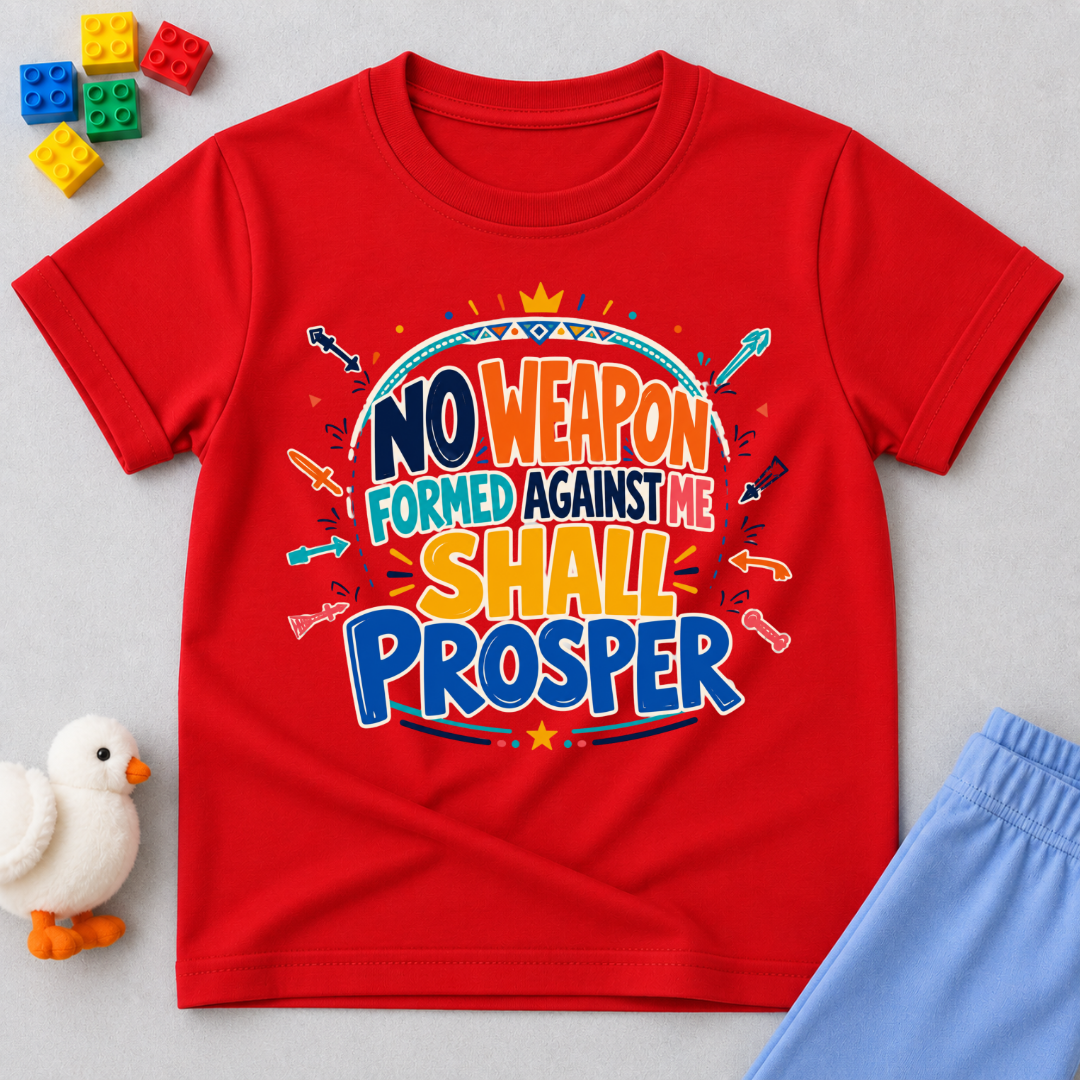 No Weapon Shall Prosper Christian kids shirt in red featuring bold typography and a faith-inspired message
