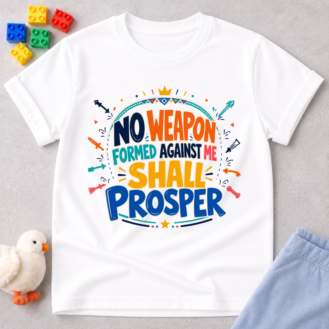 No Weapon Shall Prosper Christian kids shirt in white featuring bold typography and a faith-inspired message
