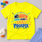 No Weapon Shall Prosper Christian kids shirt in yellow featuring bold typography and a faith-inspired message
