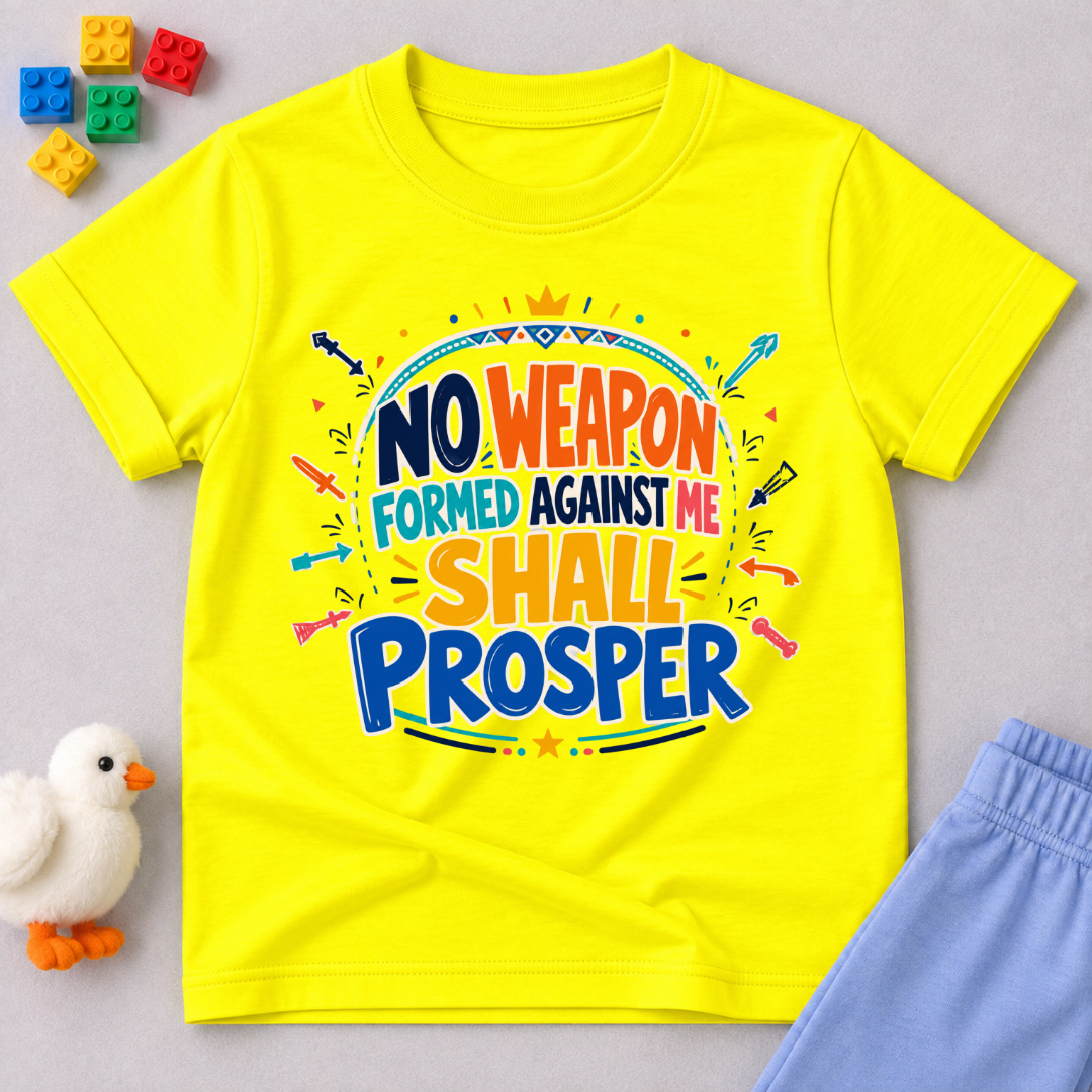 No Weapon Shall Prosper Christian kids shirt in yellow featuring bold typography and a faith-inspired message
