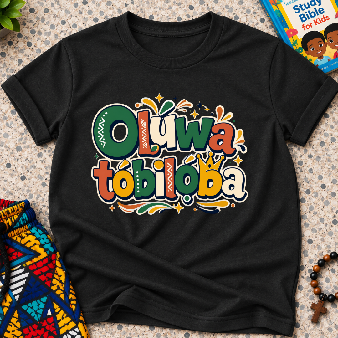 Oluwatobiloba Yoruba-inspired kids shirt in black featuring colourful oversized lettering and playful decorative artwork