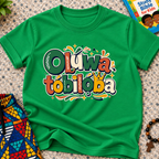 Oluwatobiloba Yoruba-inspired kids shirt in green featuring colourful oversized lettering and playful decorative artwork
