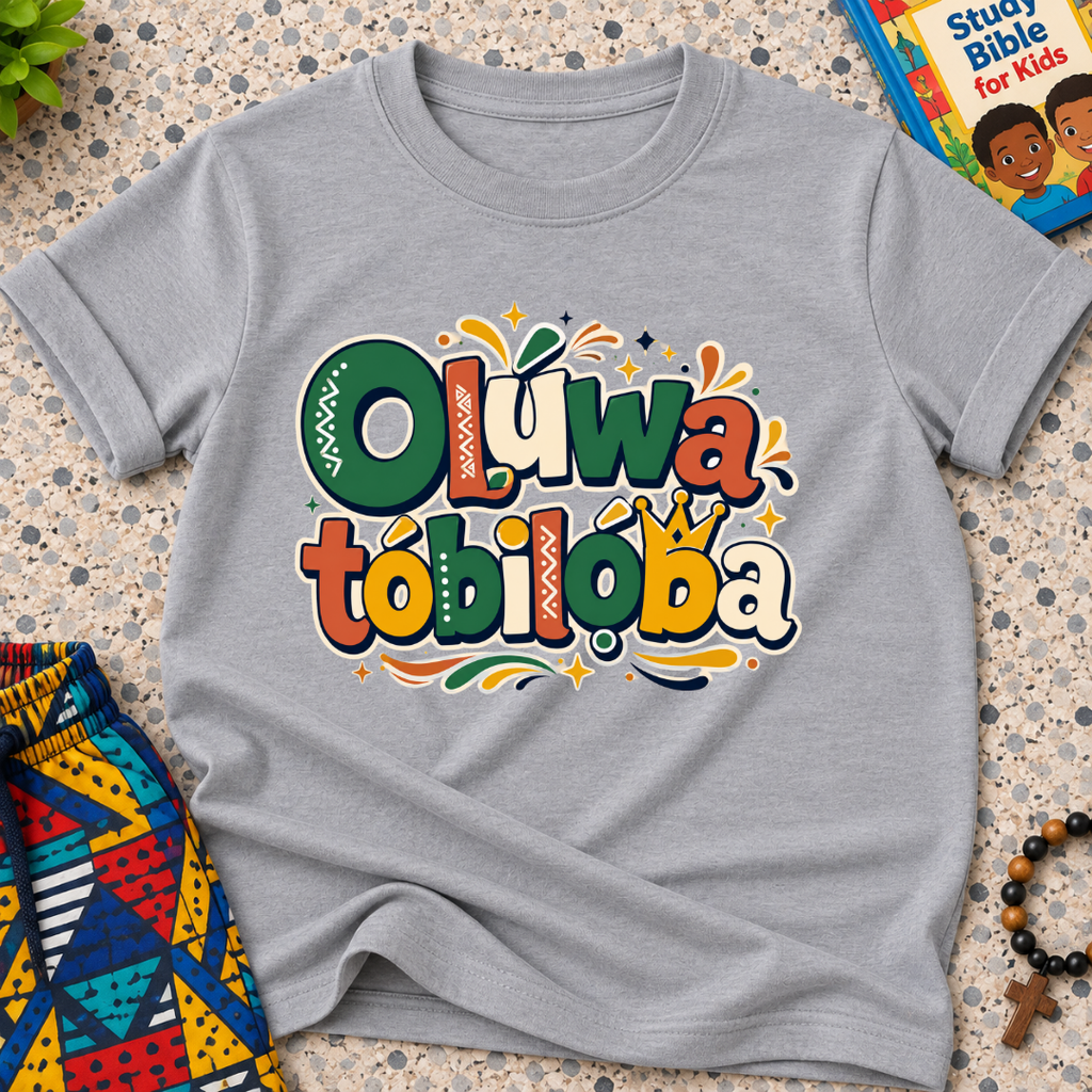 Oluwatobiloba Yoruba-inspired kids shirt in grey featuring colourful oversized lettering and playful decorative artwork