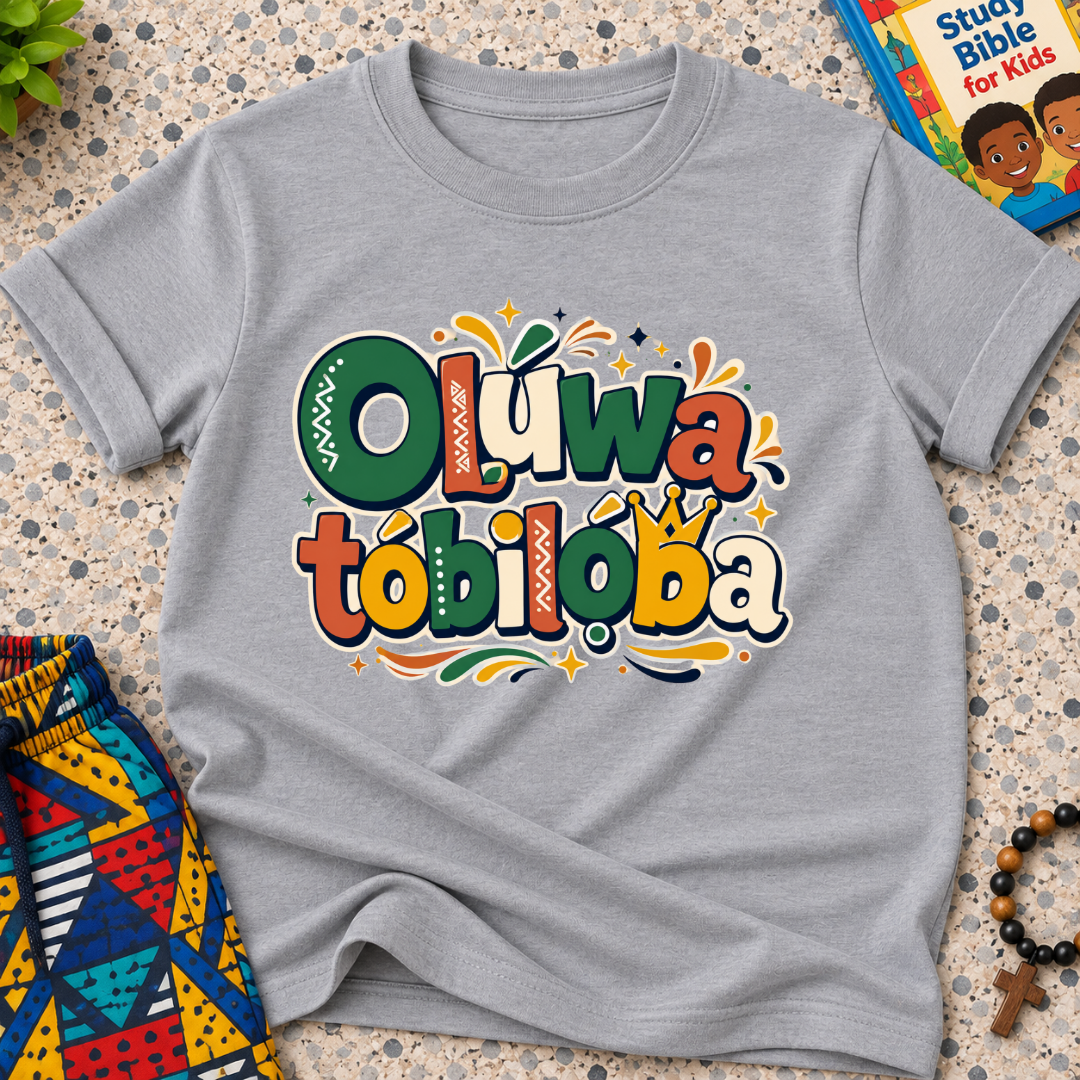Oluwatobiloba Yoruba-inspired kids shirt in grey featuring colourful oversized lettering and playful decorative artwork