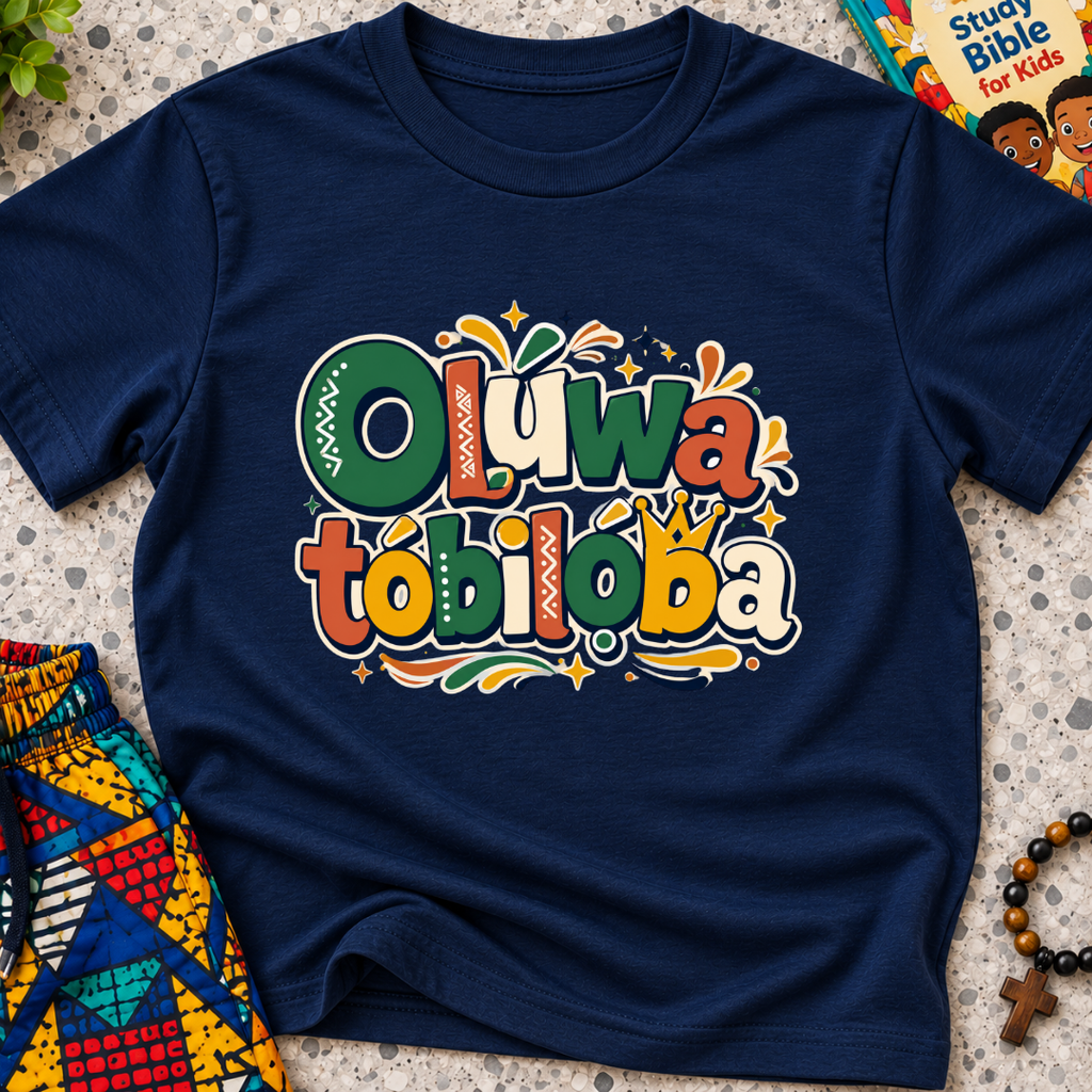 Oluwatobiloba Yoruba-inspired kids shirt in navy blue featuring colourful oversized lettering and playful decorative artwork