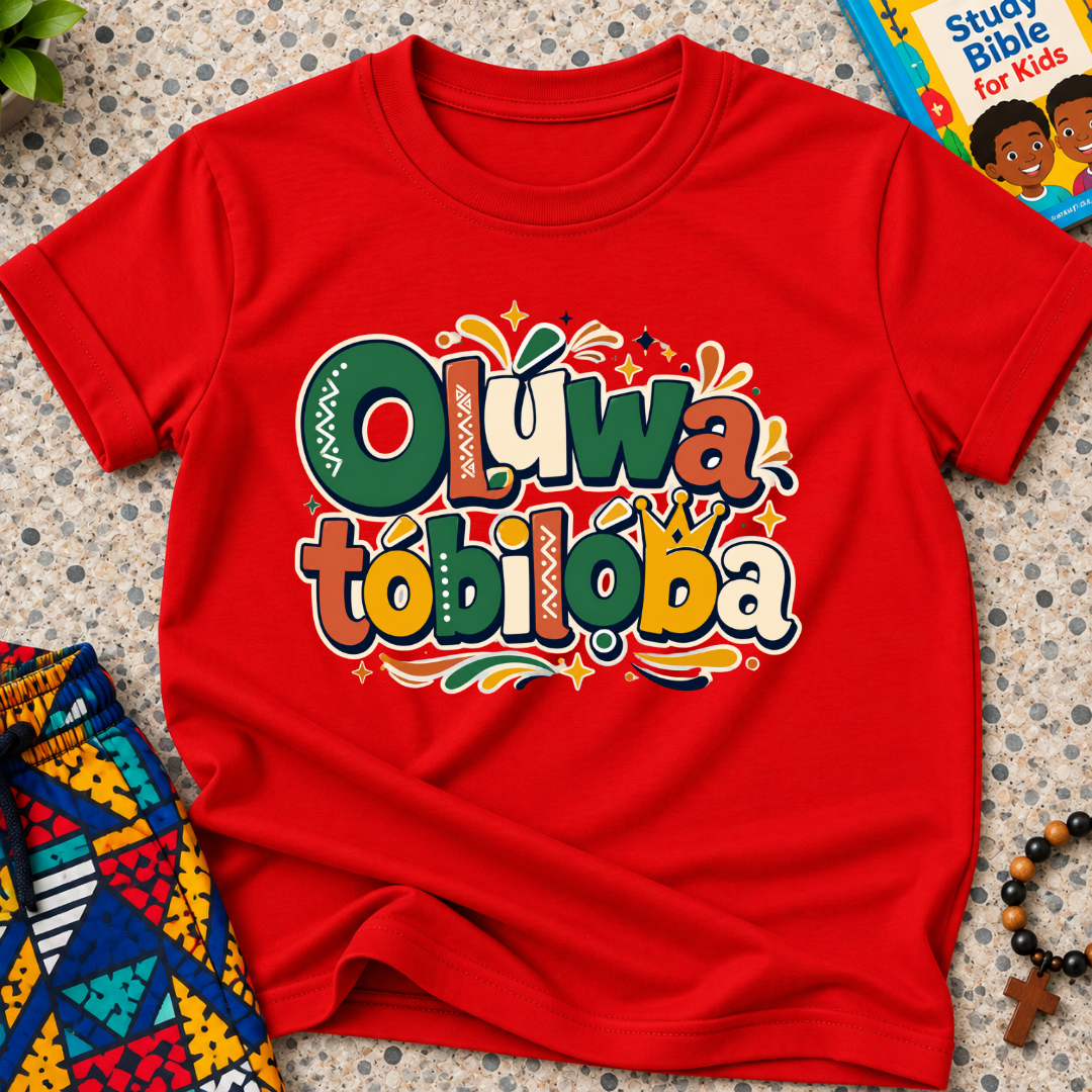 Oluwatobiloba Yoruba-inspired kids shirt in red featuring colourful oversized lettering and playful decorative artwork