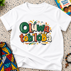 Oluwatobiloba Yoruba-inspired kids shirt in  white featuring colourful oversized lettering and playful decorative artwork