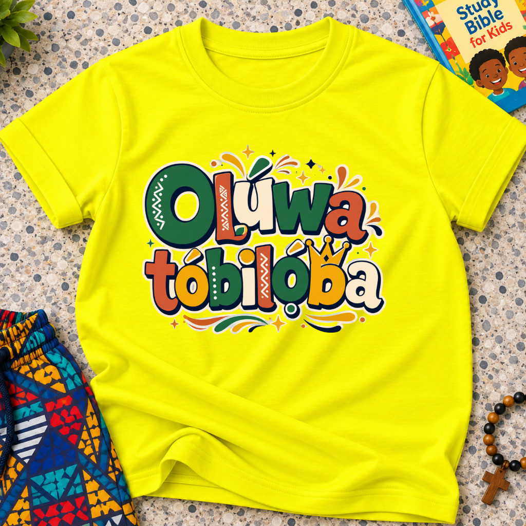 Oluwatobiloba Yoruba-inspired kids shirt in yellow featuring colourful oversized lettering and playful decorative artwork