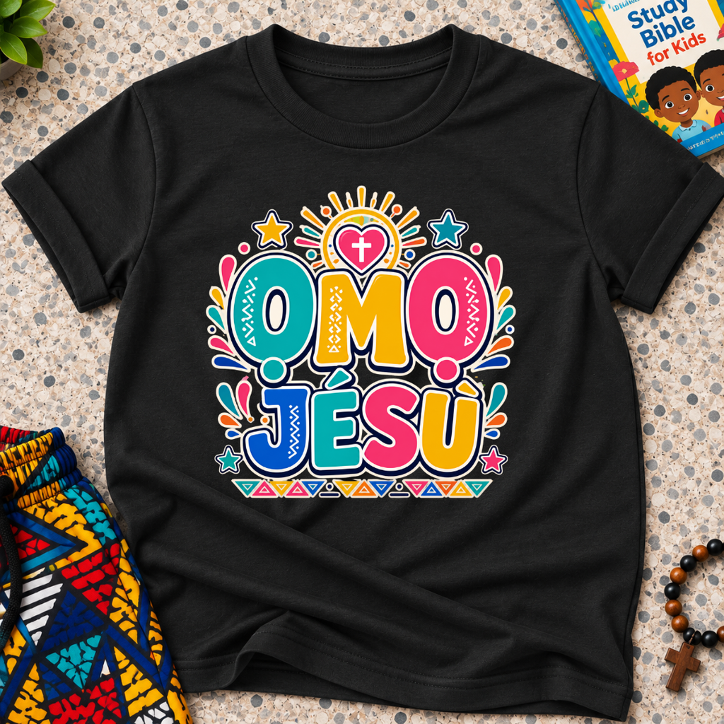 Ọmọ Jésù Yoruba Christian kids shirt in black featuring colourful lettering and playful faith-inspired decorations
