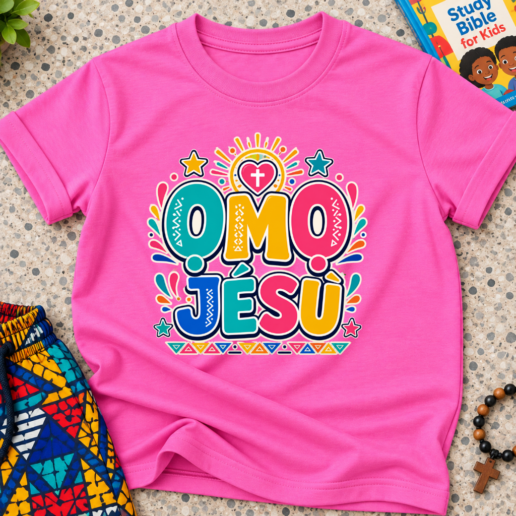 Ọmọ Jésù Yoruba Christian kids shirt in pink featuring colourful lettering and playful faith-inspired decorations

