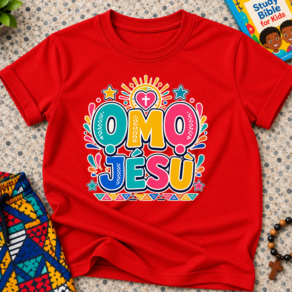 Ọmọ Jésù Yoruba Christian kids shirt in red featuring colourful lettering and playful faith-inspired decorations
