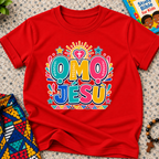 Ọmọ Jésù Yoruba Christian kids shirt in red featuring colourful lettering and playful faith-inspired decorations
