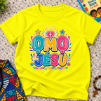 Ọmọ Jésù Yoruba Christian kids shirt in yellow featuring colourful lettering and playful faith-inspired decorations
