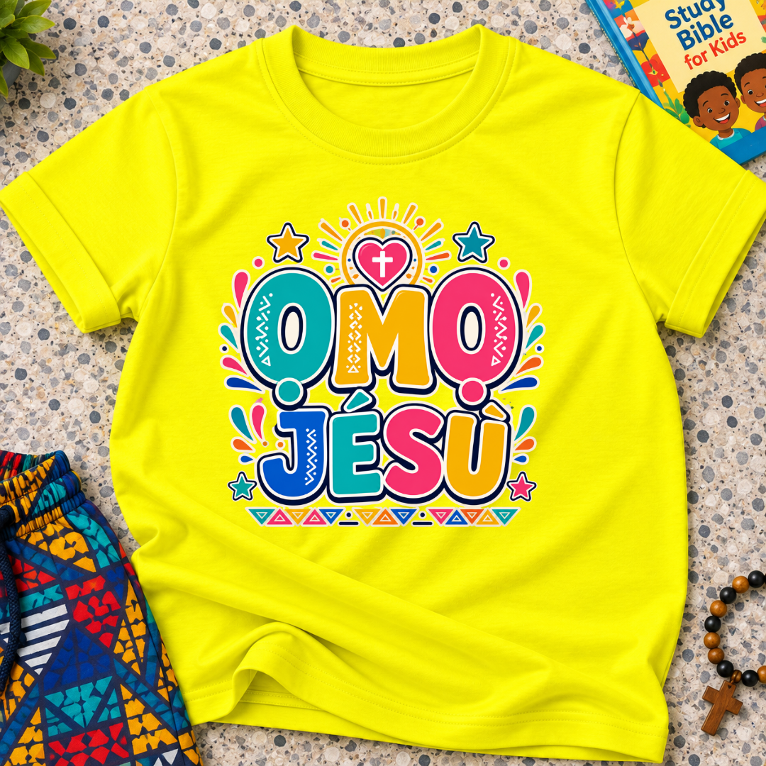 Ọmọ Jésù Yoruba Christian kids shirt in yellow featuring colourful lettering and playful faith-inspired decorations
