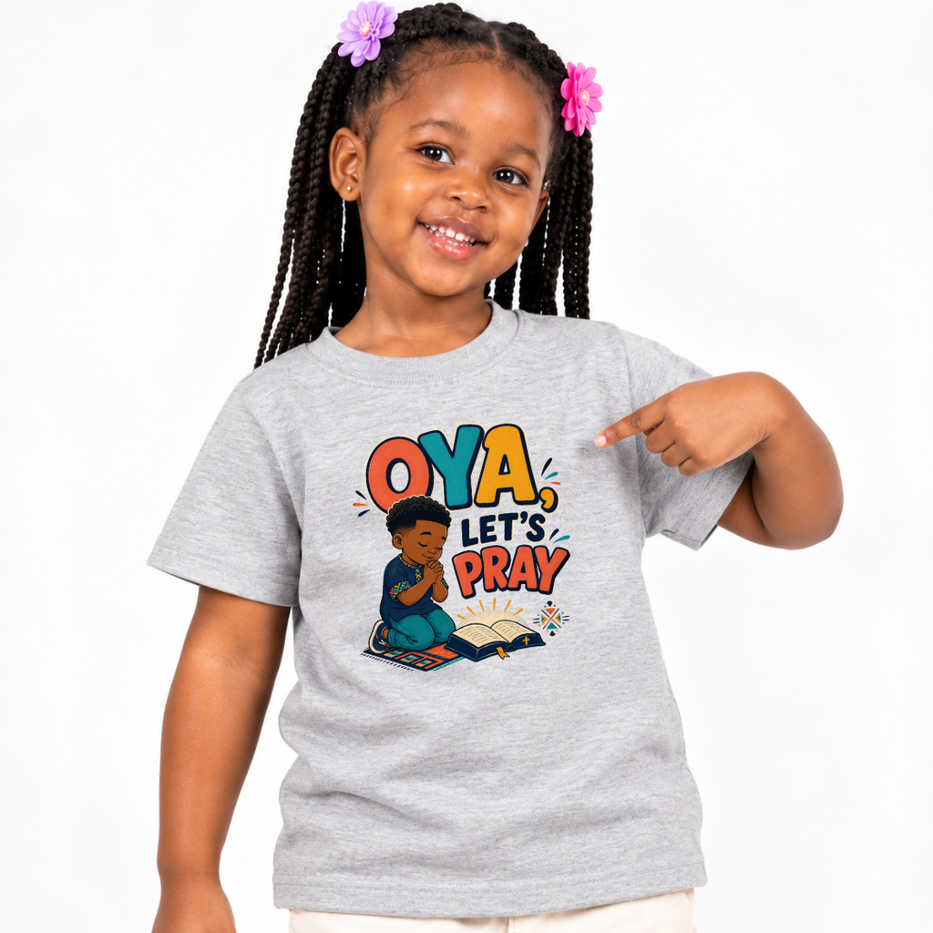 Oya, Let's Pray Christian kids shirt in light grey featuring a child praying and a colourful Nigerian Pidgin-inspired message
