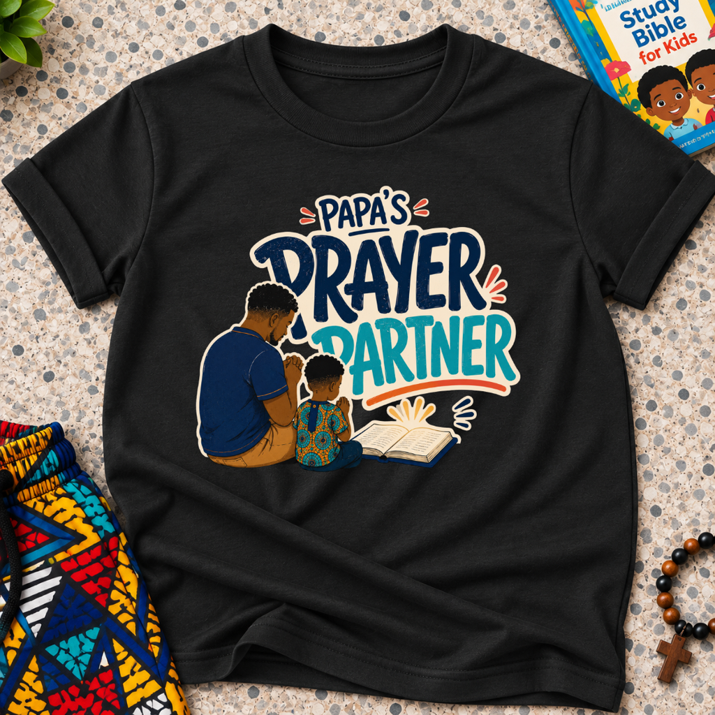 Papa's Prayer Partner Christian kids shirt in black featuring a father and child praying together