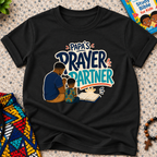 Papa's Prayer Partner Christian kids shirt in black featuring a father and child praying together