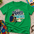 Papa's Prayer Partner Christian kids shirt in green featuring a father and child praying together