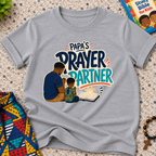 Papa's Prayer Partner Christian kids shirt in grey featuring a father and child praying together