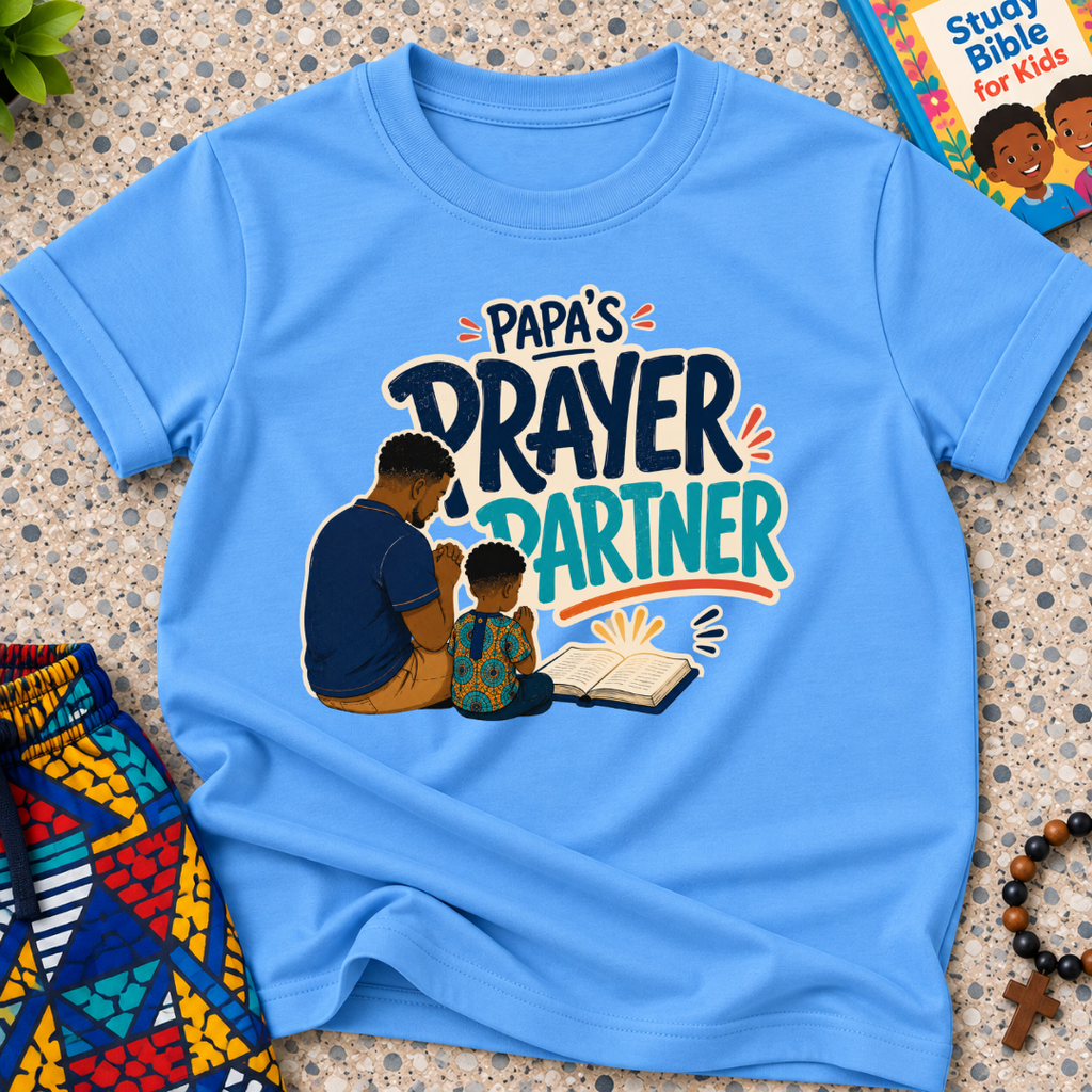 Papa's Prayer Partner Christian kids shirt in light blue featuring a father and child praying together