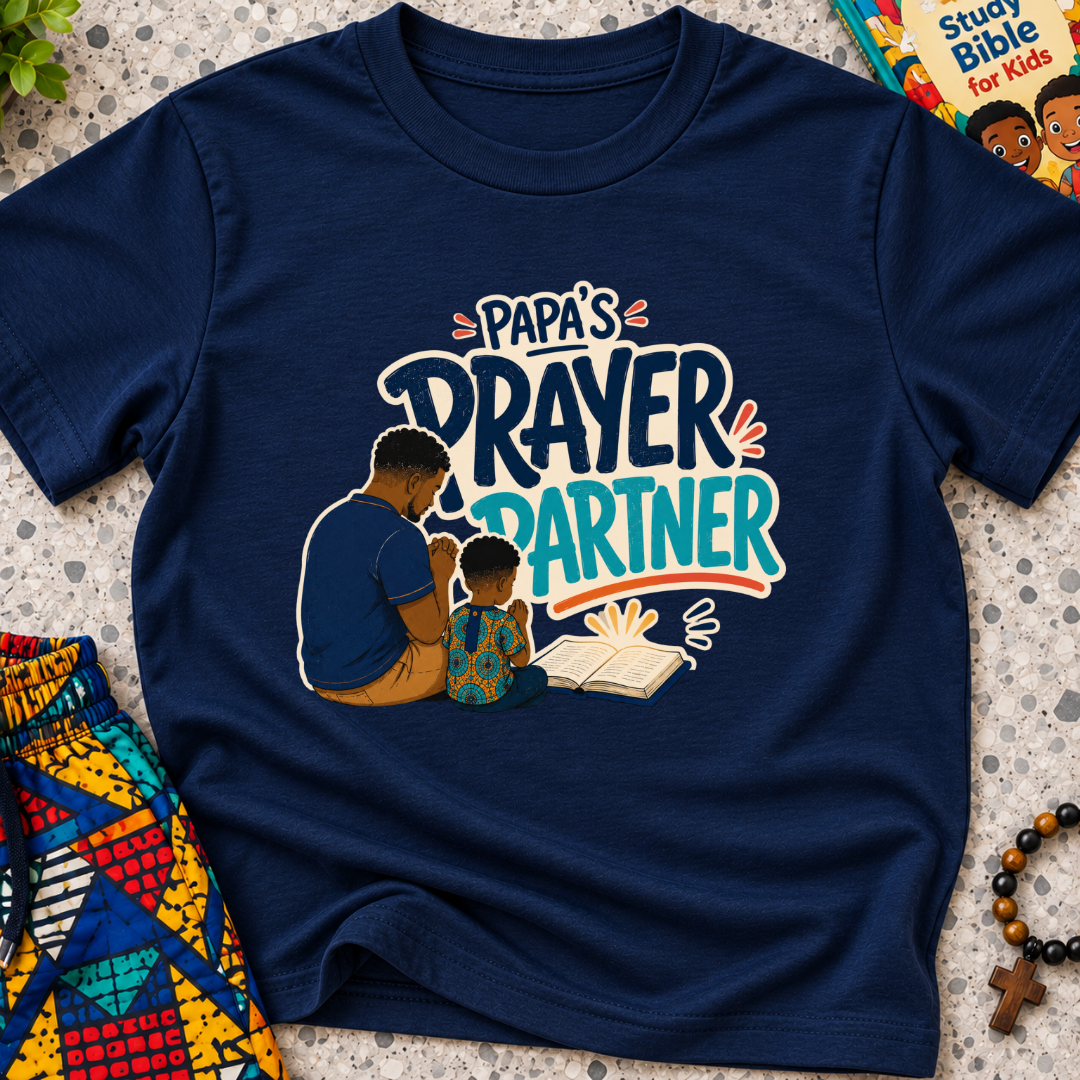 Papa's Prayer Partner Christian kids shirt in navy blue featuring a father and child praying together