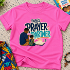 Papa's Prayer Partner Christian kids shirt in pink featuring a father and child praying together