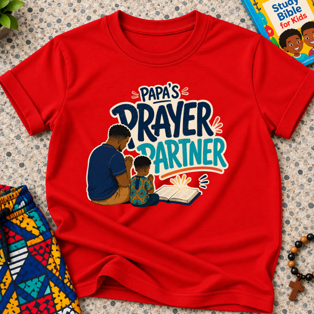 Papa's Prayer Partner Christian kids shirt in red featuring a father and child praying together