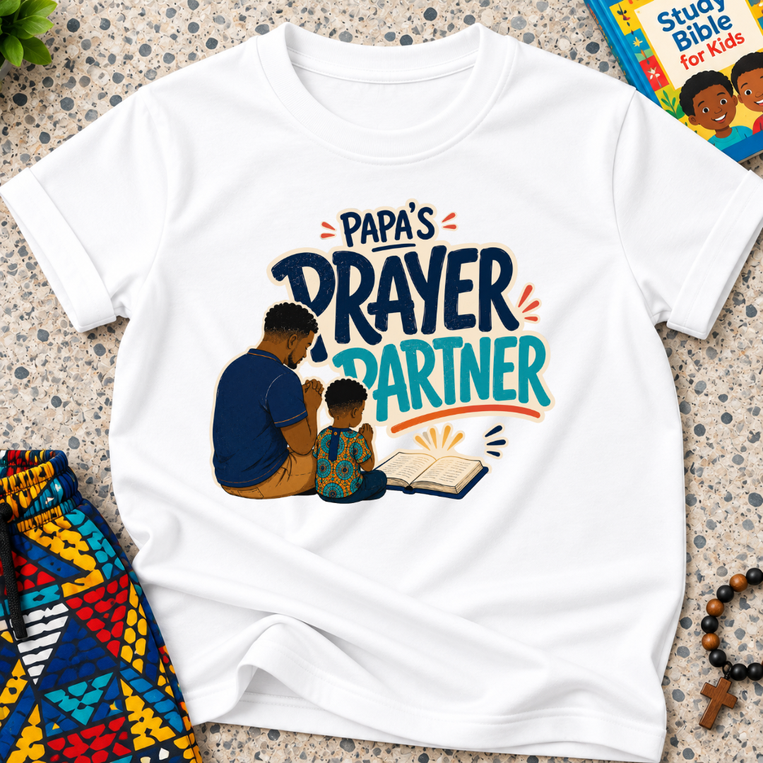 Papa's Prayer Partner Christian kids shirt in white featuring a father and child praying together