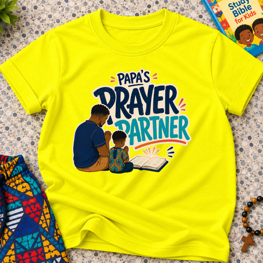 Papa's Prayer Partner Christian kids shirt in yellow featuring a father and child praying together
