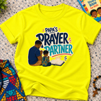 Papa's Prayer Partner Christian kids shirt in yellow featuring a father and child praying together
