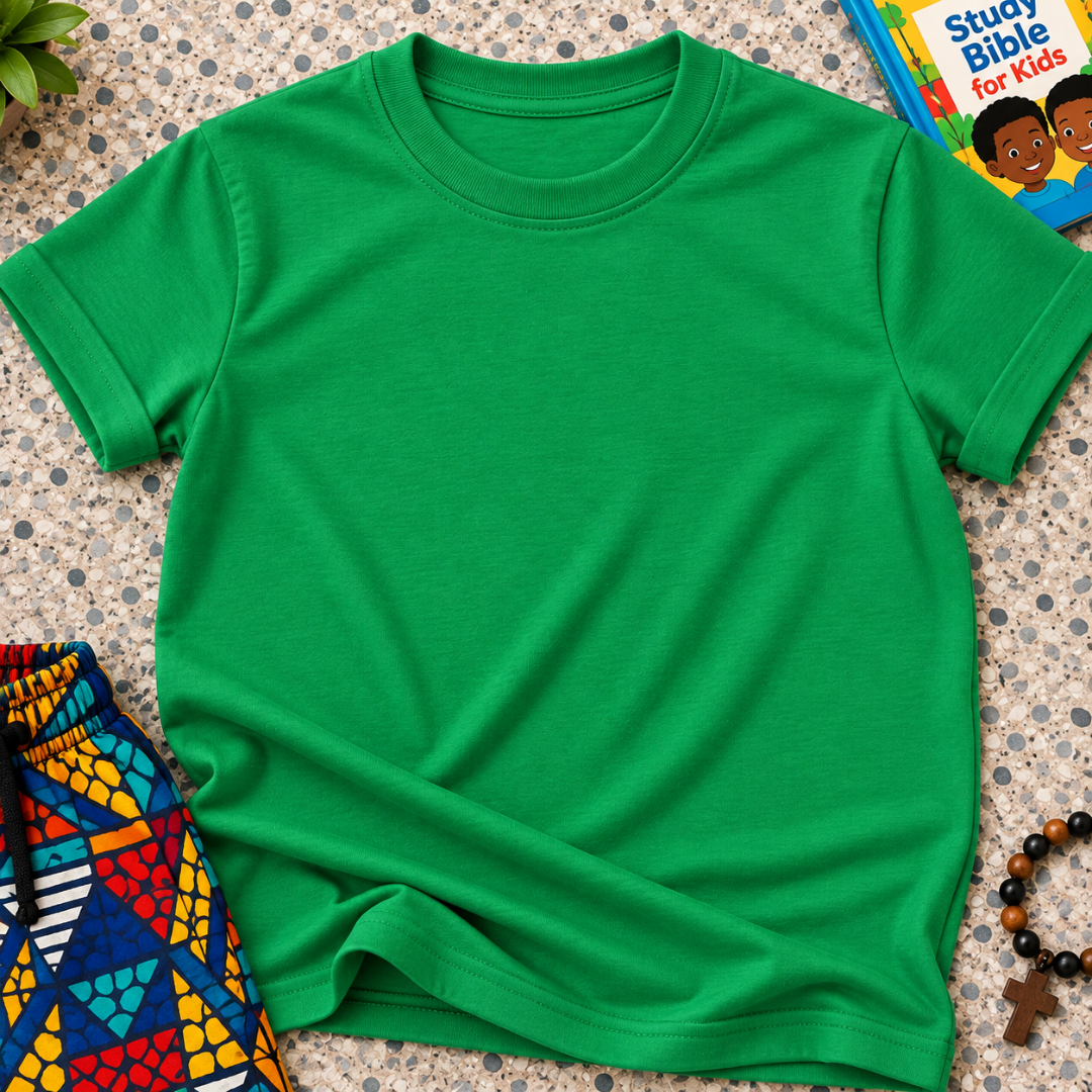 Plain Christian kids shirt in green featuring a simple design with no printed graphics or text
